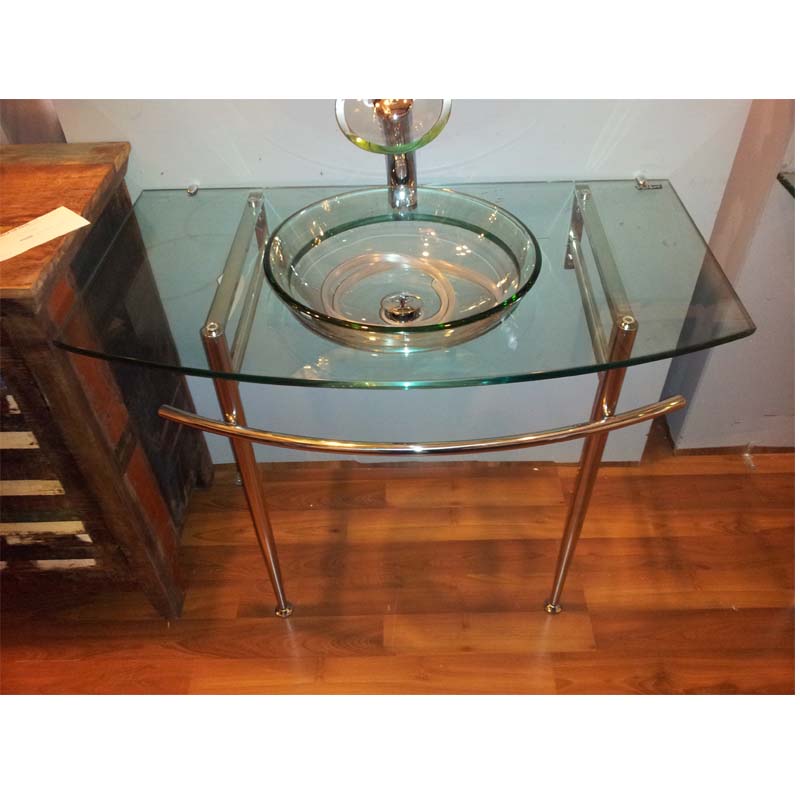 transparent tempered glass washbasin with stainless steel support