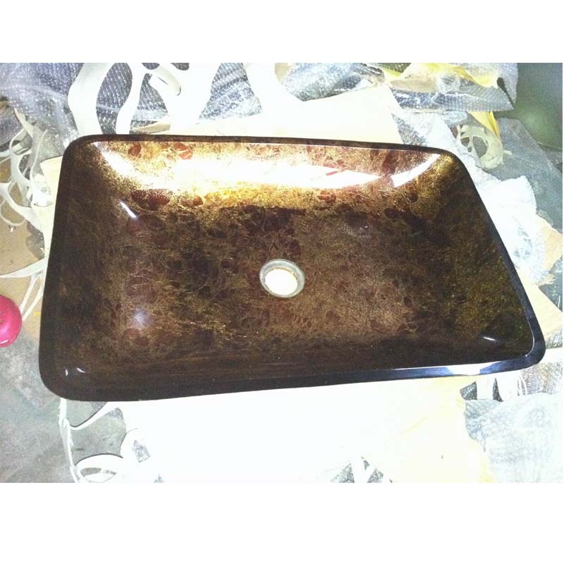 brown color rectangular lavatory sink glass basin with watterfall faucet
