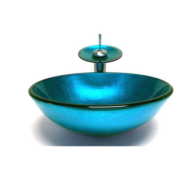Modern Bathroom Blue Round Glass Vessel Sink & Faucet Set Home Decor