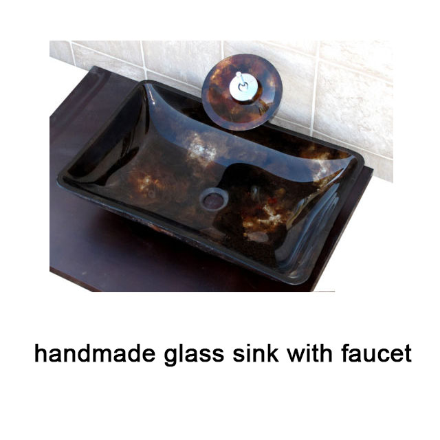 Handmade Bathroom Rectangular Glass Vessel Vanity Sink Faucet