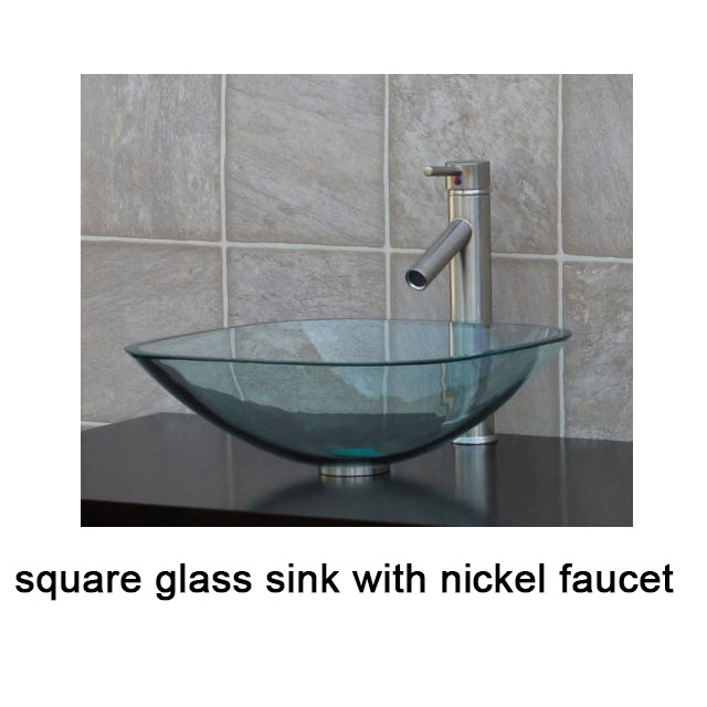 Bathroom Square Glass Vessel Vanity Sink Nickel Faucet 