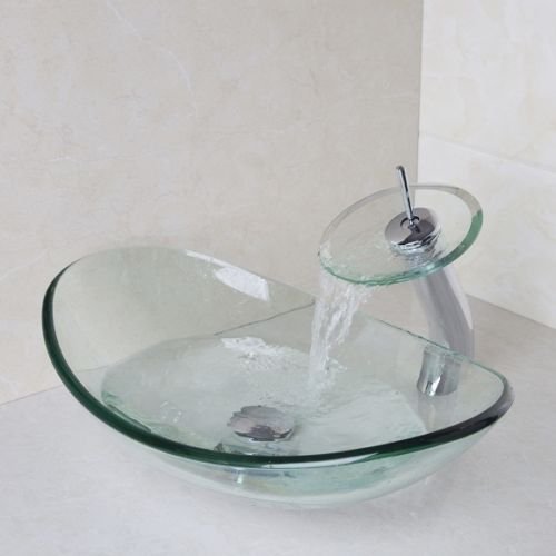 oval shape clear tempered glass vessel bowl washbasin with waterfall tap and flexible hose