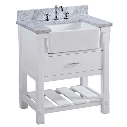 30 inch Bathroom Vanity Carrara Marble Counter top Gray Cabinet with Soft Close Drawers Farmhouse Apron Sink