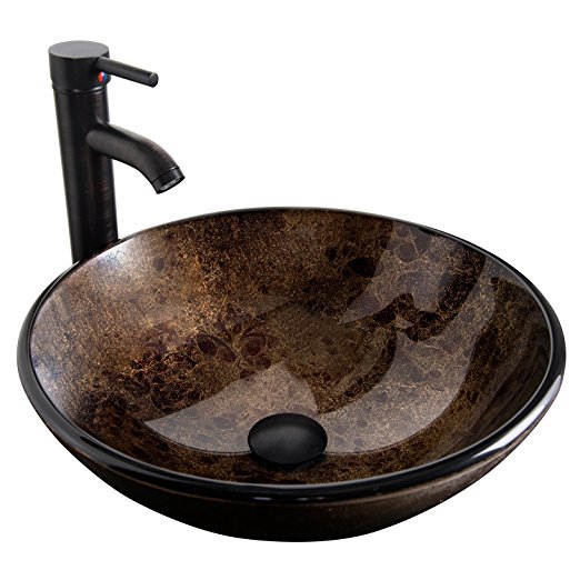 Bathroom Vessel Sink Modern Round Tempered Glass Basin Washing Bowl Oil Rubbed Bronze Faucet, Pop-up Drain Set