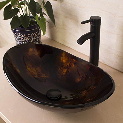 Bathroom Oval Glass Vessel Sink with Oil Rubbed Bronze Faucet and Pop-up Drain Combo