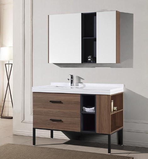 48“ wood veneer bathroom vanity cabinet with iron metal legs and shelf