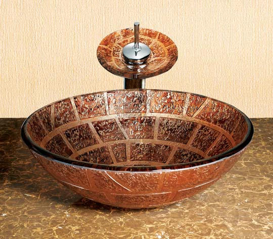 Modern Round Artistic Bathroom Vanity Glass Vessel Sink with waterfall Faucet 7004