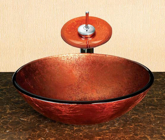 2018 red glass wash basin with waterfall faucet 7007
