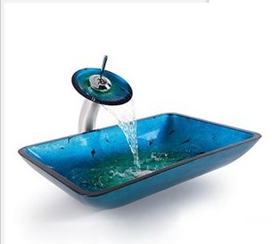 blue color Rectangular Decorative Glass Vessel Sink Bathroom Sinks 7018