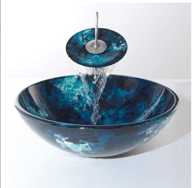 Bathroom tempered Glass Vessel Vanity print color Sink bowl with faucet 7024