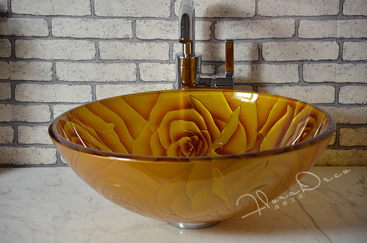 China Sanitary Ware round yellow Glass Vanity Top Bathroom Sink for Luxury Bathroom 7041