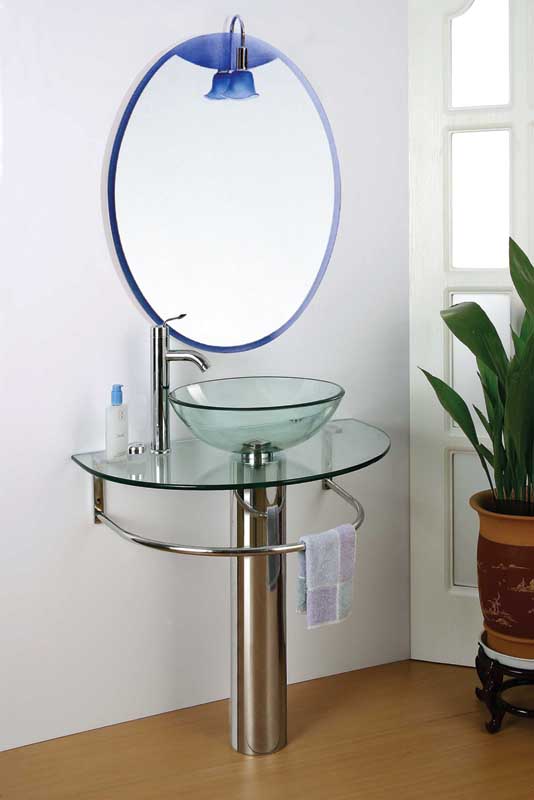 bathroom glass washbasin with above glass sink and stainless steel stand