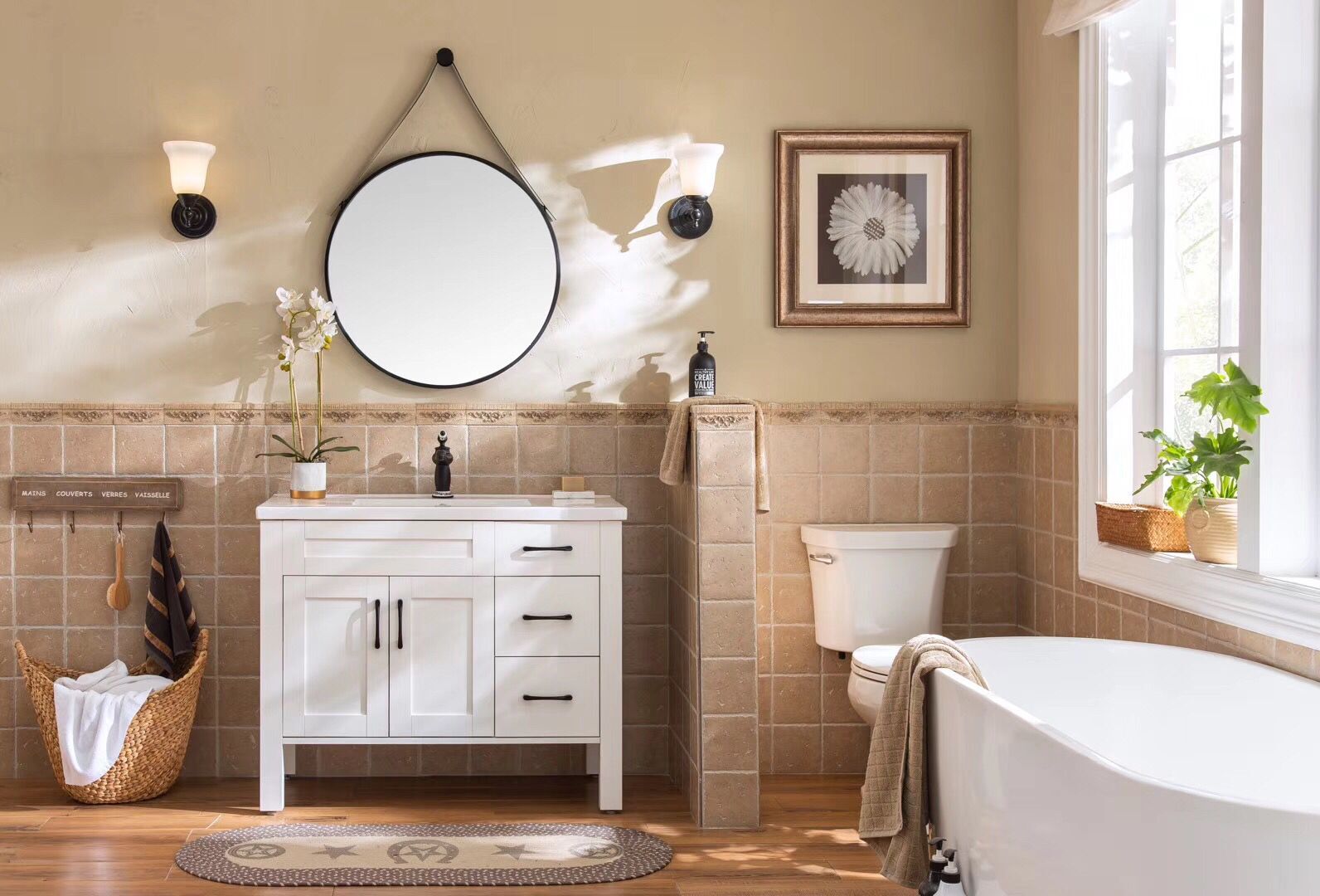 white bathroom vanity cabinet with ceramic basin 