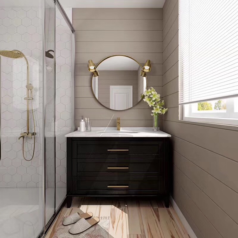 36inch dark brown bathroom vanity with round frame mirror 