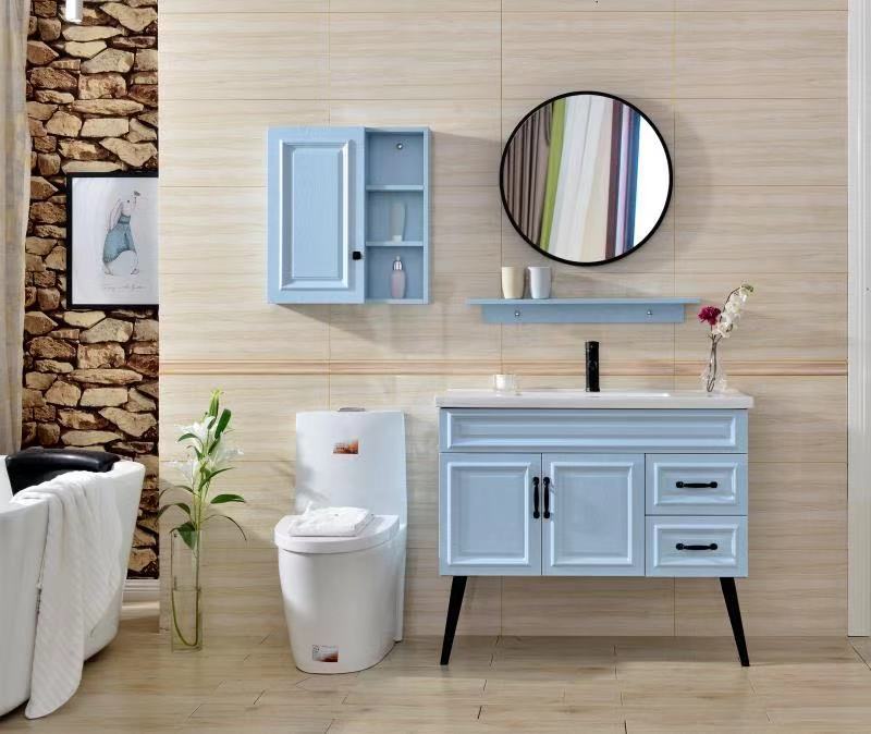 new design bathroom vanity with long legs and round frame mirror