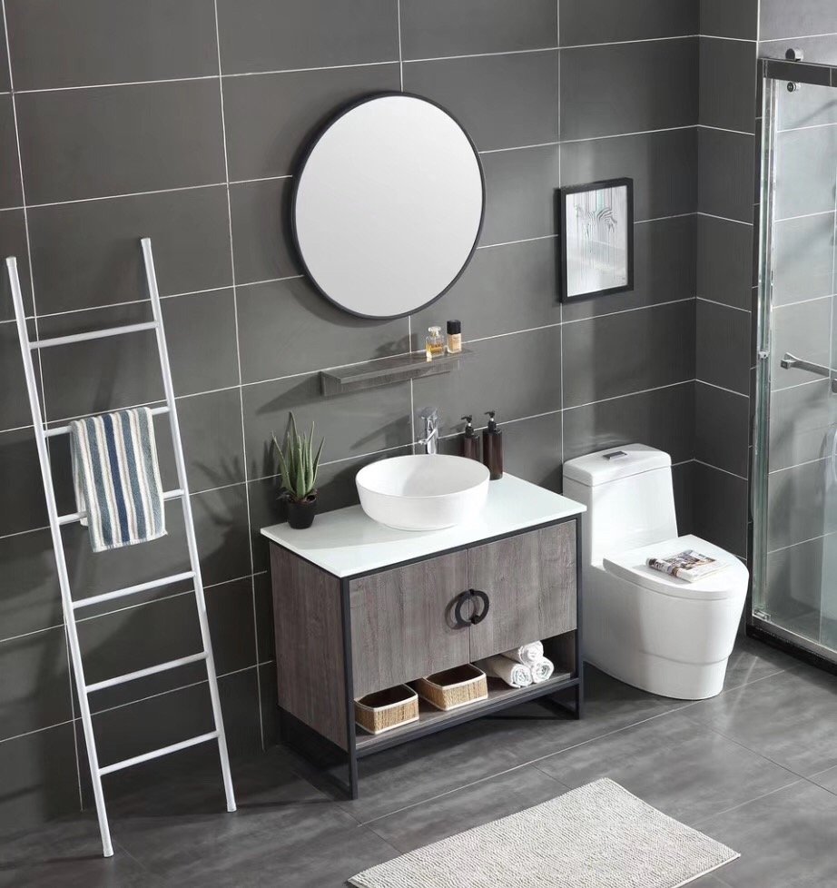 2019 new bathroom vanity with round sink and black frame mirror