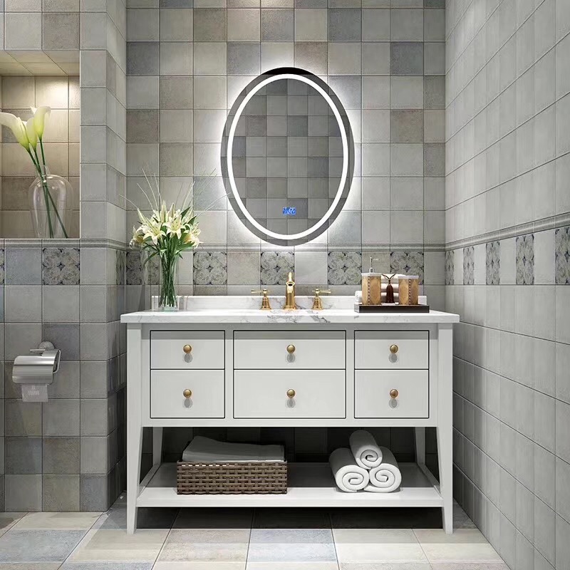 white color solid wood bathroom vanity with oval led bathroom mirror