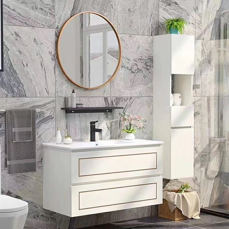 32inch white bathroom vanity with top sink and side tall cabinet 