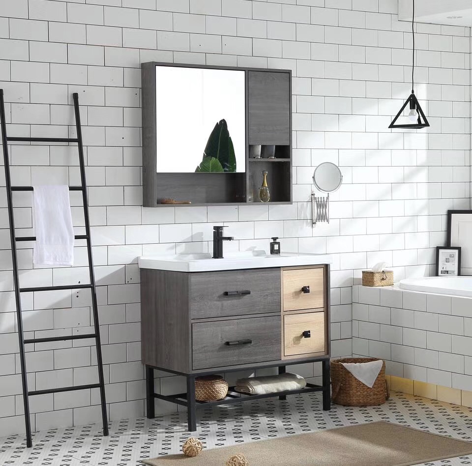 bathroom vanity cabinet with iron metal base and medicine cabinet