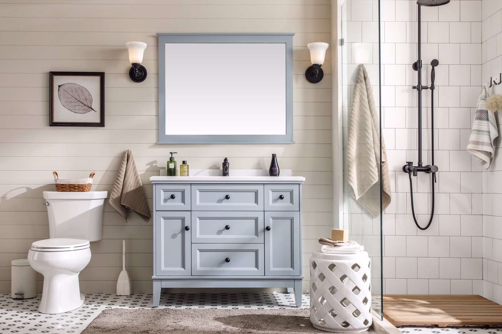 Gray And White Bathroom With Wood Vanity