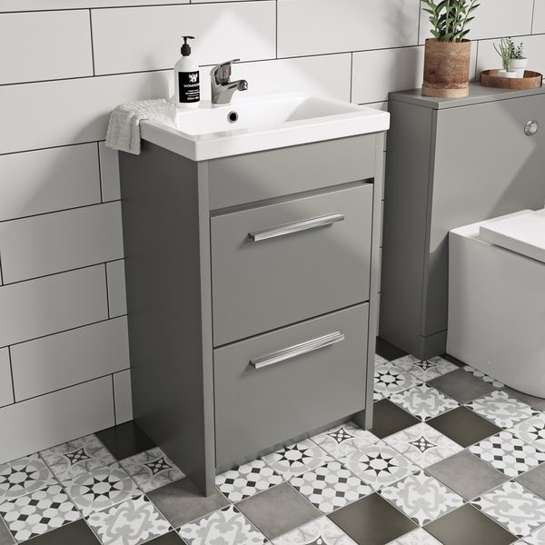 grey floorstanding vanity unit and ceramic basin 510mm