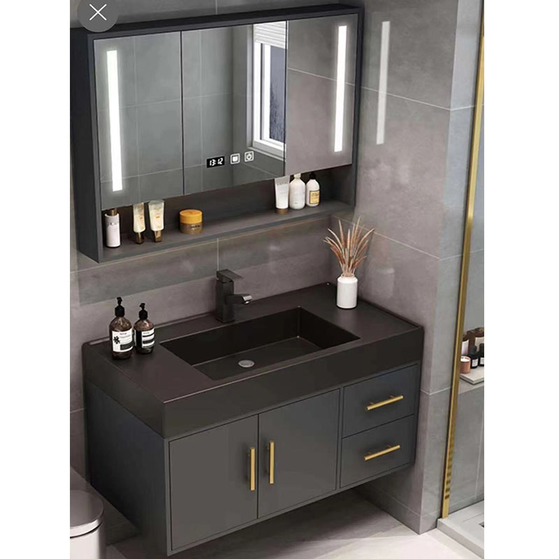 gray bathroom vanity set with black basin and mirror cabinet 9075-80