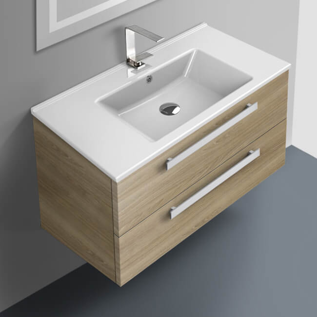 style oak bathroom vanity cabinet with glass basin