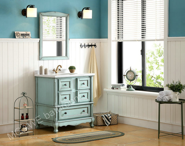 36inch bathroom vanity cabinet light blue color aging treatment  with marble top MG-SB102