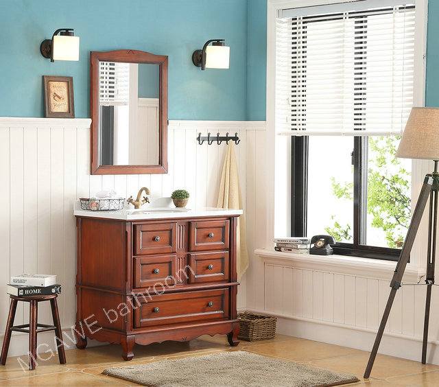 36inch bathroom vanity cabinet light brown color aging treatment  with marble top MG-SB102