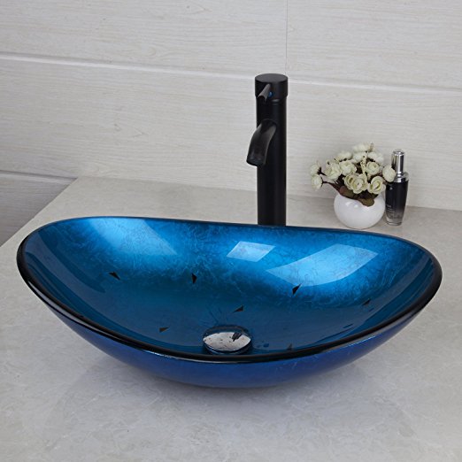 Blue Glass Wash Bowl Vessel Sink Vanity sinks & Oil Rubbed Bronze ...