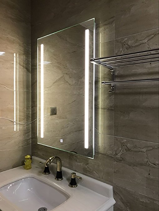 Wall Mount Led Lighted Bathroom Mirror Vanity Defogger 2 Vertical Lights Rectangular Touch Light Mirror